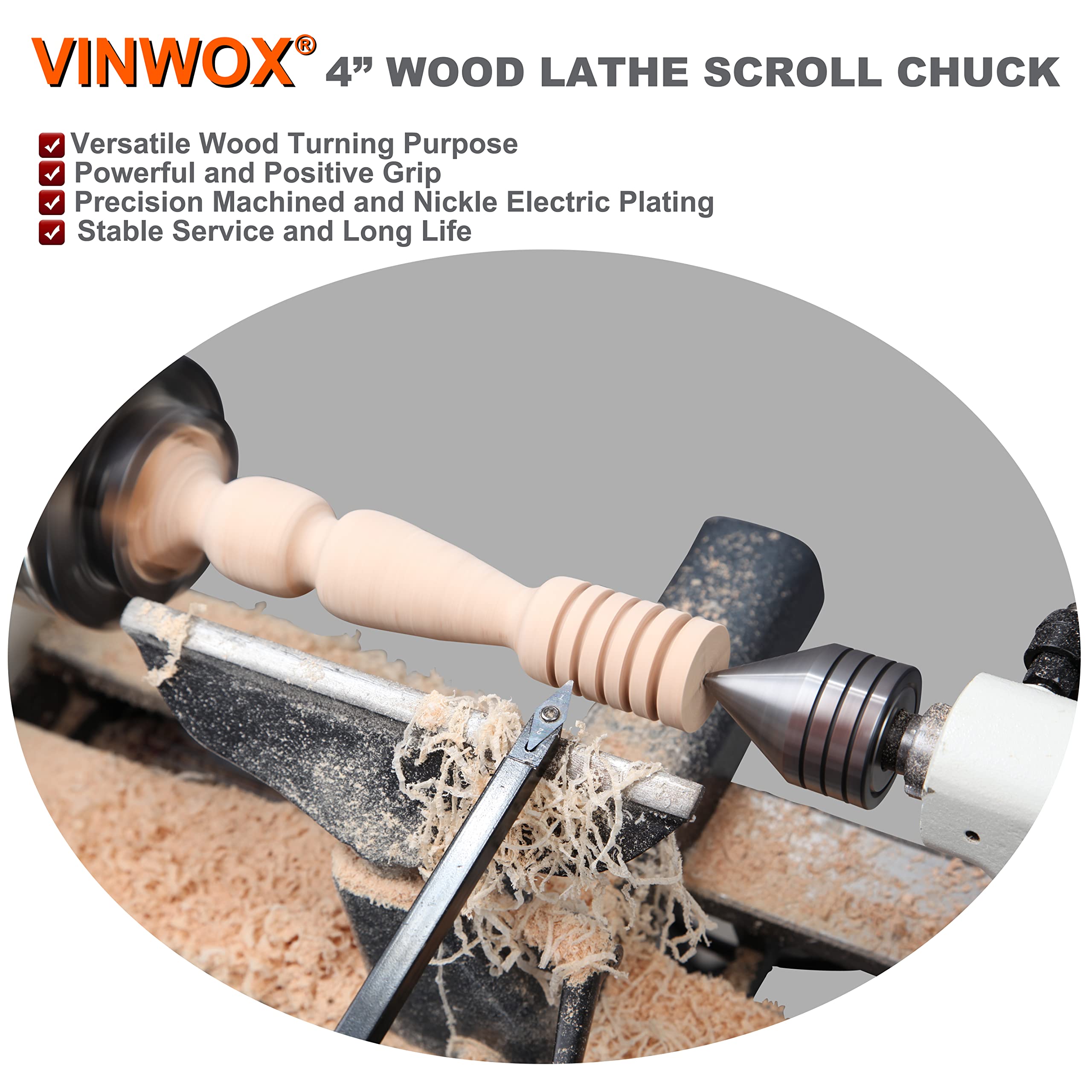 VINWOX SCR4-4NV-SET 4” Wood Lathe Scroll Chuck Set, 4-Jaw Self-Centering Chuck Set, with Nickle electric Coating Chuck Body & 1"x8TPI thread & 3/4"x16TPI Adapter