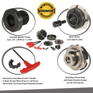 VINWOX SCR4-4NV-SET 4” Wood Lathe Scroll Chuck Set, 4-Jaw Self-Centering Chuck Set, with Nickle electric Coating Chuck Body & 1"x8TPI thread & 3/4"x16TPI Adapter