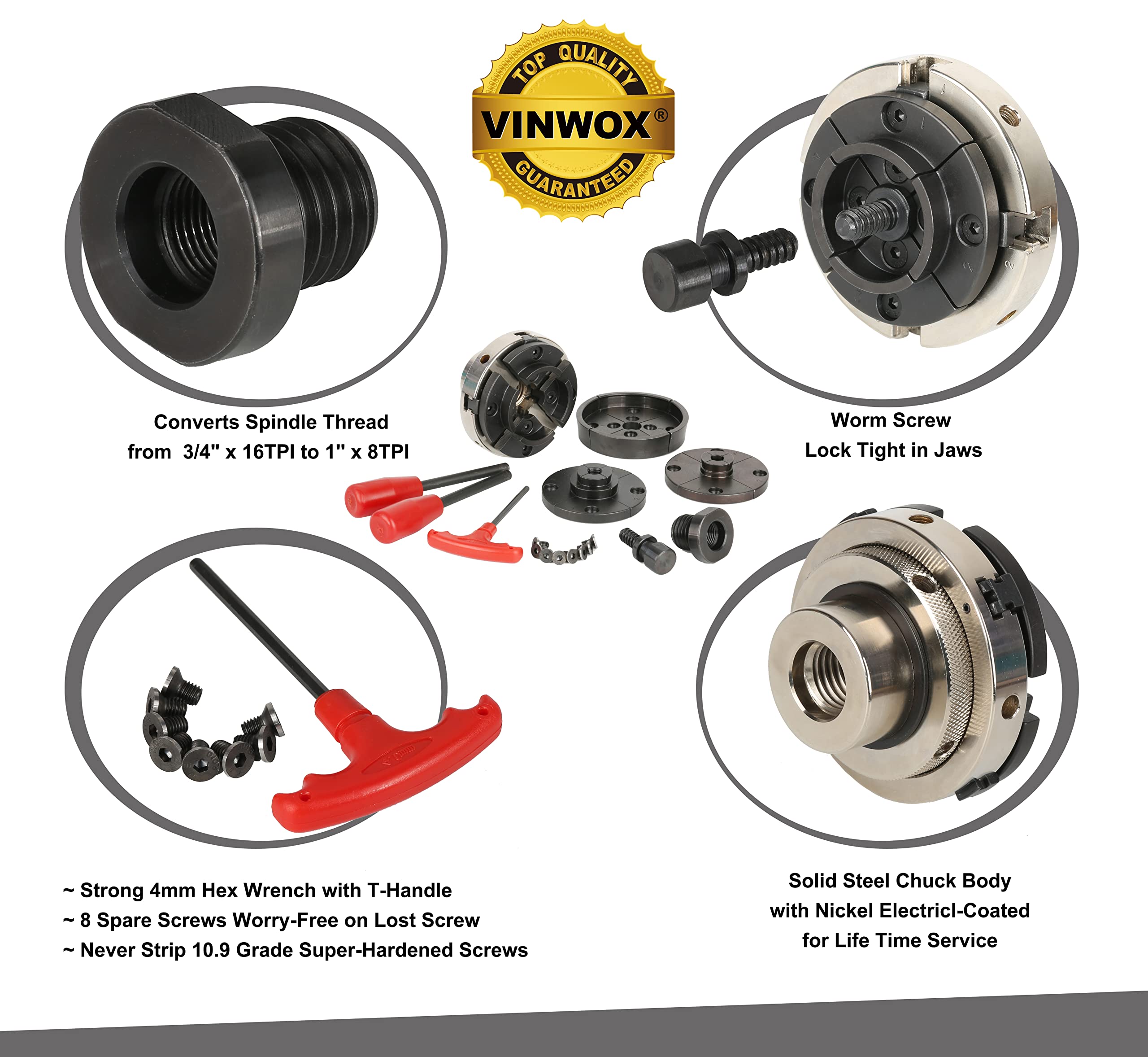 VINWOX SCR4-4NV-SET 4” Wood Lathe Scroll Chuck Set, 4-Jaw Self-Centering Chuck Set, with Nickle electric Coating Chuck Body & 1"x8TPI thread & 3/4"x16TPI Adapter