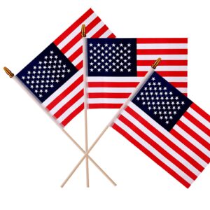 12 pack 5x8 inch small american flags on stick with kid-safe spear top, polyester full color tear-resistant flag,patriotic and party decorations, suitable for parades, festival celebrations, anniversaries, international festivals.