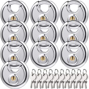 10 pack padlocks alike keyed, stainless steel pad locks with same key discus lock 2-3/4 inch wide 3/8 inch diameter shackle, disc lock for outdoor use, storage unit, sheds, garages and fence