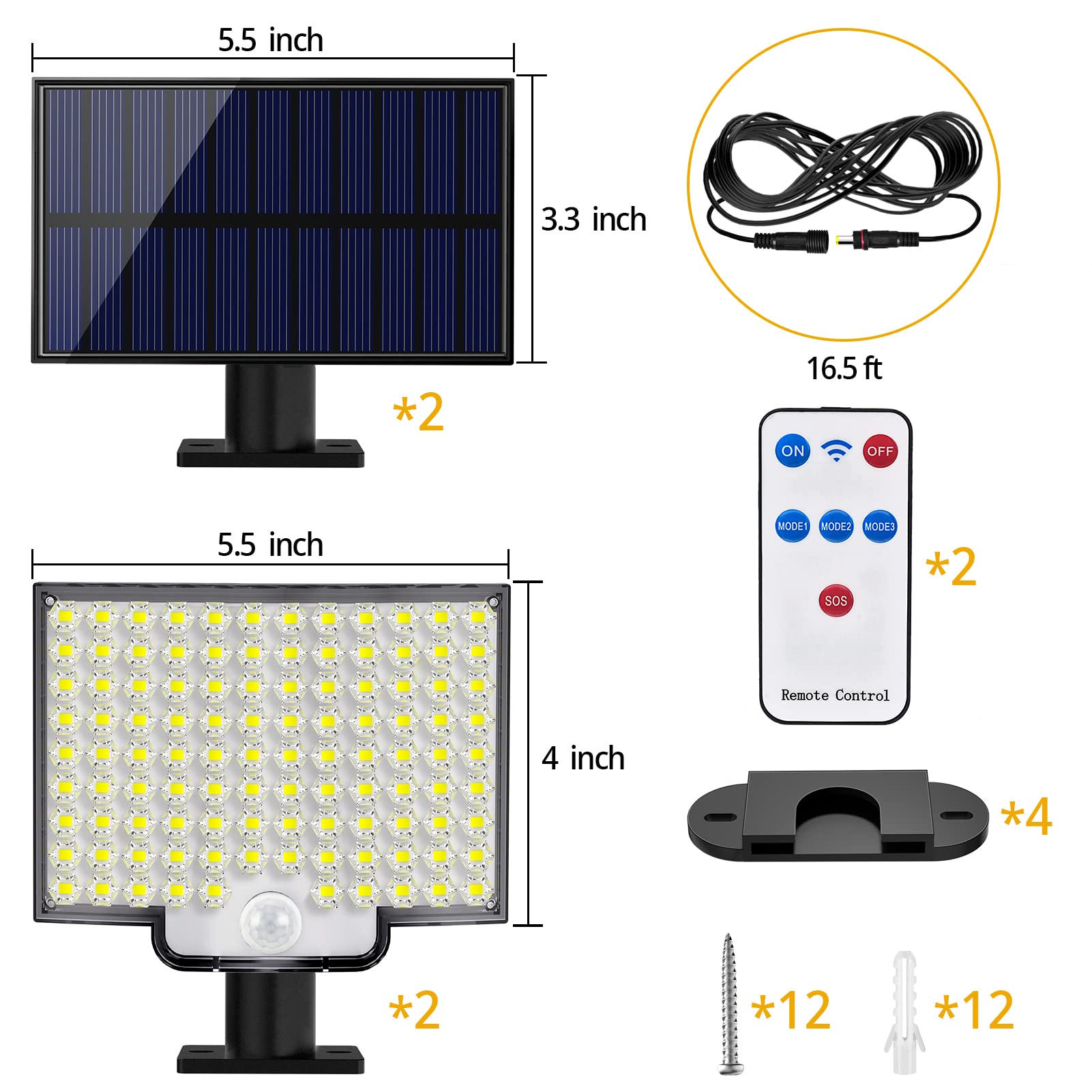 Solar Lights Outdoor, 106 LED 3000LM Solar Powered Motion Sensor Flood Lights with Remote, Dusk to Dawn Led Solar Security Wall Lights with 16.5Ft Cable IP65 Waterproof for Outside, Garage, 2 Pack