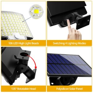 Solar Lights Outdoor, 106 LED 3000LM Solar Powered Motion Sensor Flood Lights with Remote, Dusk to Dawn Led Solar Security Wall Lights with 16.5Ft Cable IP65 Waterproof for Outside, Garage, 2 Pack