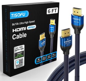 tisofu【ultra certified 10k 8k hdmi cable 6ft: hdmi 2.1 cables 48gbps high speed premium braided cord 8k@60hz 4k@120hz 4k@144hz hdcp 2.2&2.3 cl3 arc earc for hd/hdr/hdtv