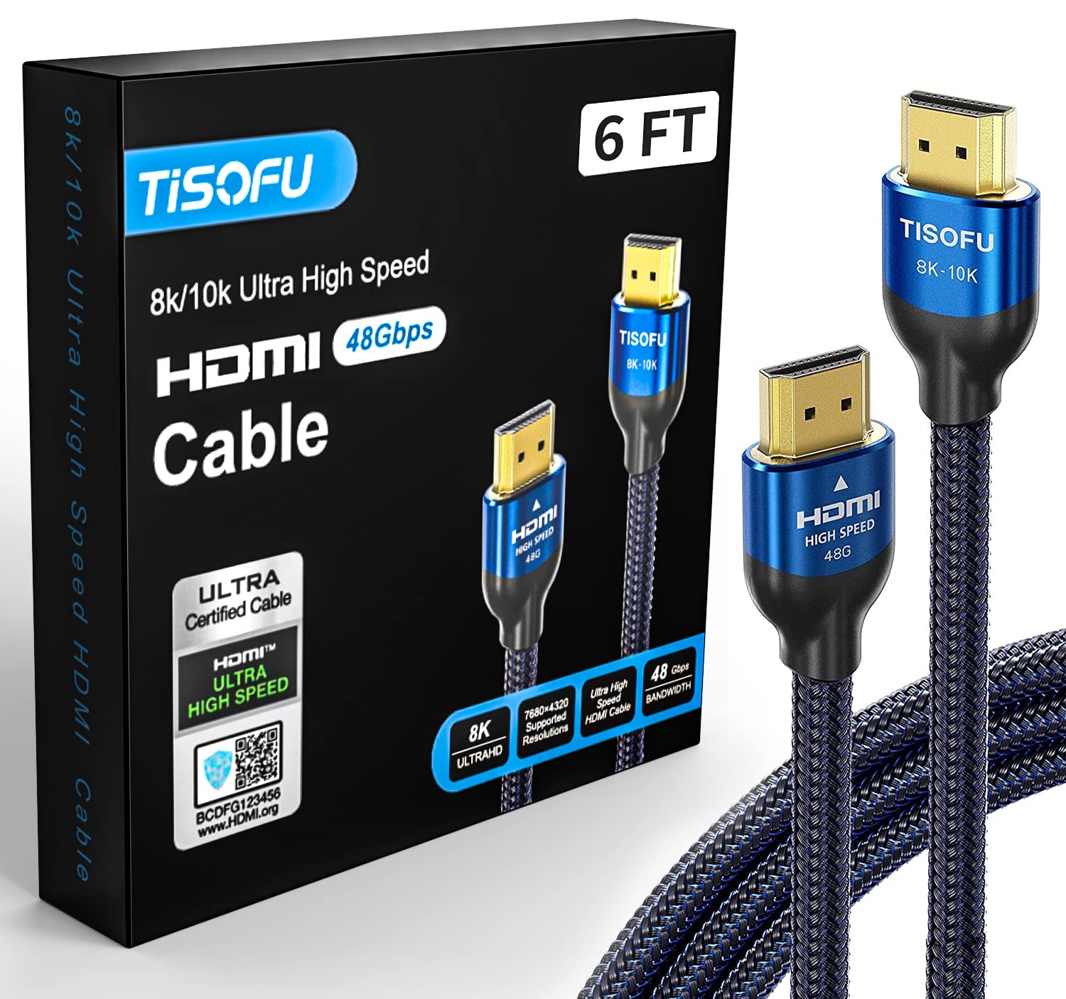 TISOFU【Ultra Certified 10K 8K HDMI Cable 6FT: HDMI 2.1 Cables 48Gbps High Speed Premium Braided Cord 8K@60Hz 4K@120Hz 4K@144Hz HDCP 2.2&2.3 CL3 ARC eARC for HD/HDR/HDTV