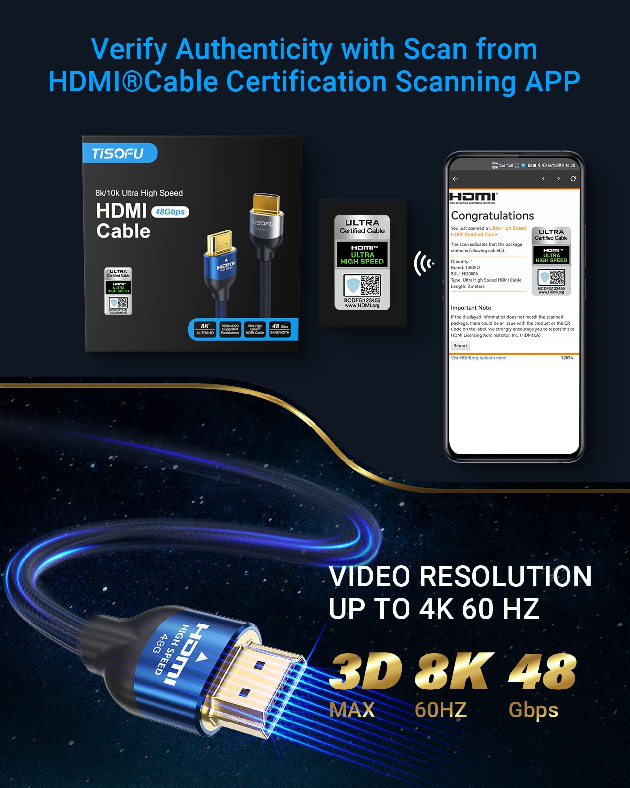 TISOFU【Ultra Certified 10K 8K HDMI Cable 6FT: HDMI 2.1 Cables 48Gbps High Speed Premium Braided Cord 8K@60Hz 4K@120Hz 4K@144Hz HDCP 2.2&2.3 CL3 ARC eARC for HD/HDR/HDTV