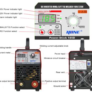 HONE ARC Welder, Actual 185Amp 110V/220V Stick Welder with Lift Tig Function, Digital IGBT Inverter Welding Machine with Hot Start Arc Force Anti-Stick VRD, High Duty Cycle for 1/16"-5/32" Welding Rod