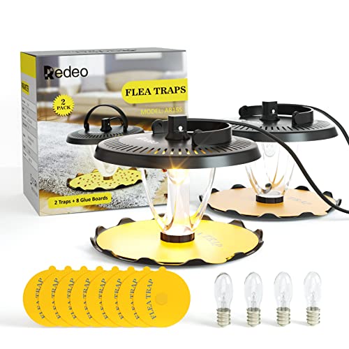 Redeo Flea Trap 2 Pack Bed Bug Traps with 4 Light Bulbs and 8 Sticky Glue Boards, Odorless Non-Toxic Flea Light Traps for Inside Your Home Safe for Kids & Pets