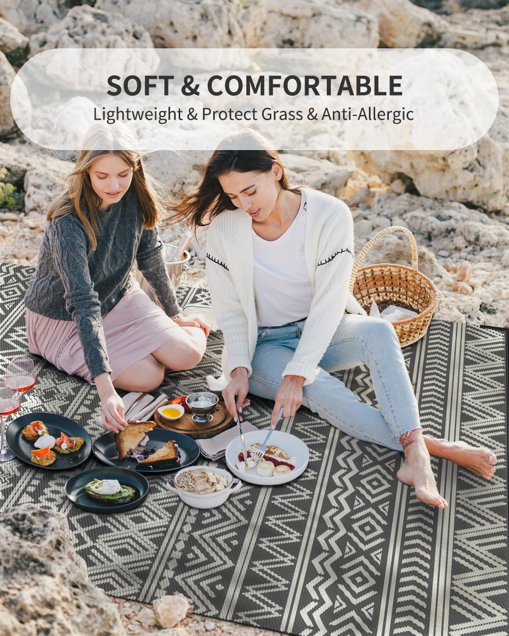 MontVoo-Outdoor Rug Carpet Waterproof 5x8 ft Reversible Patio Rug RV Camping Rug-Plastic Straw Rug Outside Indoor Outdoor Area Rug for Patio Deck Balcony Picnic Beach Outdoor Decor Boho Grey