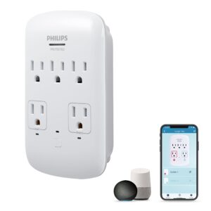 philips 5-outlet extender smart surge protector, wall tap, 2 independent wi-fi outlets, 3-prong, 490 joules, voice controlled through amazon alexa and google assistant, etl listed, white, spp3461wf/37