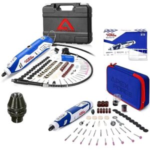 apexforge m6 rotary tool kit + m8 cordless rotary tool kit, keyless chuck, 172 + 101pcs accessories, 6-speed & 5-speed, 4 attachments, 2.0ah battery, protective shield, carrying case