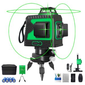 taovina laser level green self leveling 3 x 360° 30m rotary lasers with magnetic wall bracket and remote control, 3d 12 lines, horizontal and 2 vertical lines(4pcs battery)