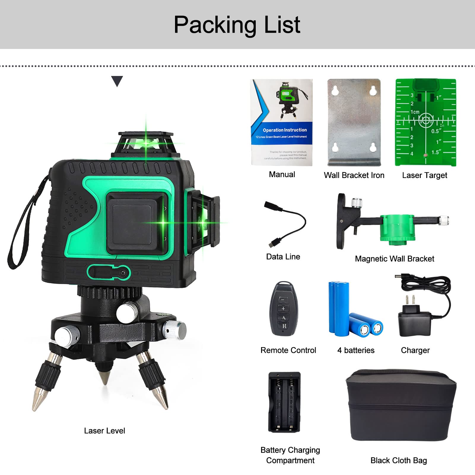 TAOVINA Laser Level Green Self Leveling 3 x 360° 30m Rotary Lasers with Magnetic Wall Bracket and Remote Control, 3D 12 Lines, Horizontal and 2 Vertical Lines(4pcs Battery)