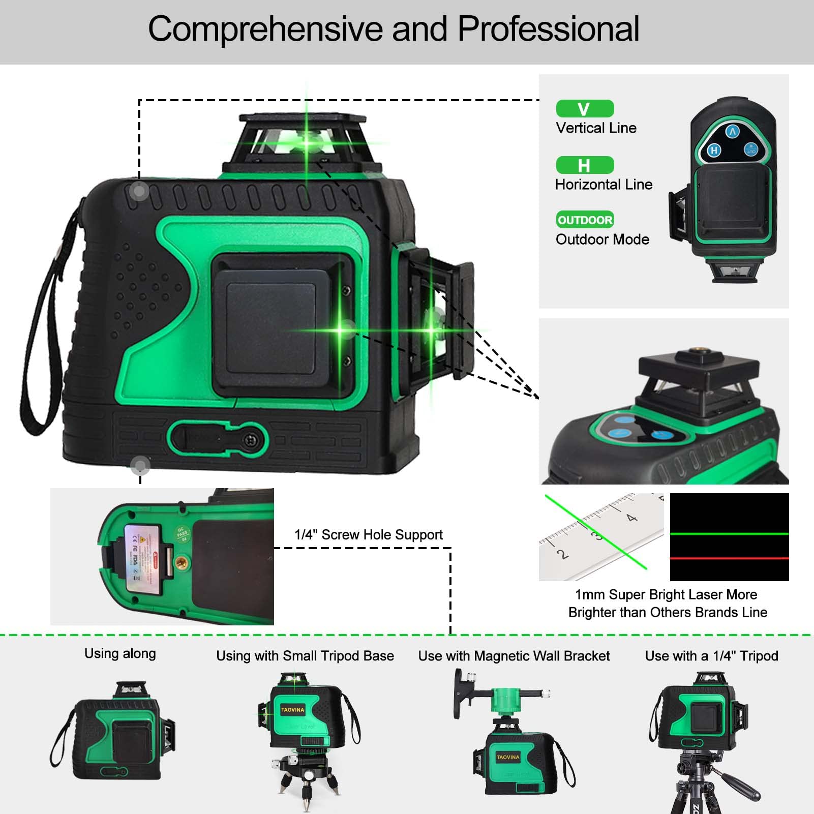 TAOVINA Laser Level Green Self Leveling 3 x 360° 30m Rotary Lasers with Magnetic Wall Bracket and Remote Control, 3D 12 Lines, Horizontal and 2 Vertical Lines(4pcs Battery)