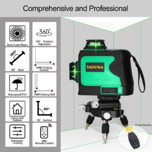 TAOVINA Laser Level Green Self Leveling 3 x 360° 30m Rotary Lasers with Magnetic Wall Bracket and Remote Control, 3D 12 Lines, Horizontal and 2 Vertical Lines(4pcs Battery)