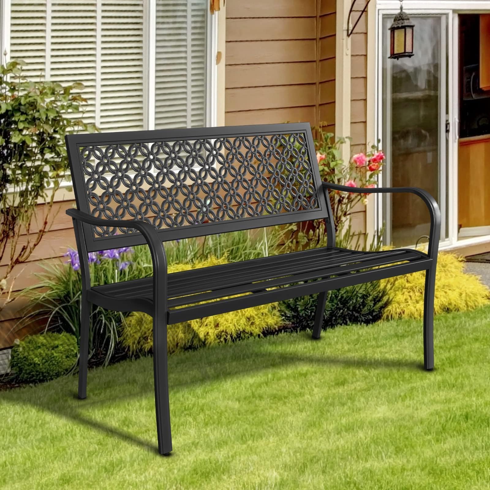 Grand patio Outdoor Bench Garden Bench with Armrests Steel Bench for Outdoors Lawn Yard Porch Black