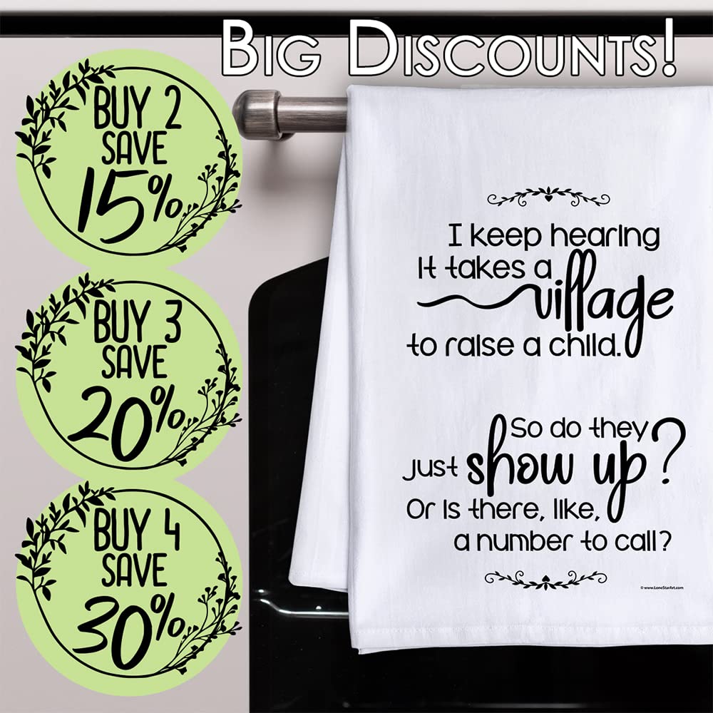 Funny Kitchen Towels - I Keep Hearing It Takes A Village To Raise A Child Tea Towel - Funny Dish Towel with Sayings - Funny Hand Towels Housewarming Gifts - 100% Cotton Flour Sack Towel