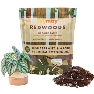 ivymay redwoods potting soil ― organic potting mix for indoor house plants & aroids, ready to use potting soil indoor plants with perlite, earthworm castings, essential oils ― 4 qt