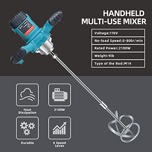 Maxgeen Concrete Mixer,2100W Portable Electric Mud Mixer for Mixing mortar,6 Speed Adjustable Paint Mixer, Handheld Cement Mixer with Gloves