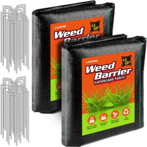 laveve 4ft x 100ft weed barrier landscape fabric, 3.2oz premium heavy-duty gardening weed control mat, ground cover for gardening, farming with 30 u-shaped securing pegs（2 pack 4x50ft）