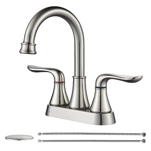 Bathroom Sink Faucet GENBONS 4 Inch 2 Handle Centerset Bathroom Faucet Brushed Nickel Bath Sink Faucet with Pop-up Drain Stopper and Supply Hose, Bathroom Faucets California Compliant