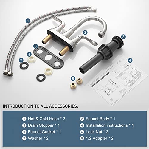 Bathroom Sink Faucet GENBONS 4 Inch 2 Handle Centerset Bathroom Faucet Brushed Nickel Bath Sink Faucet with Pop-up Drain Stopper and Supply Hose, Bathroom Faucets California Compliant