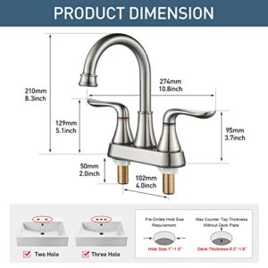 Bathroom Sink Faucet GENBONS 4 Inch 2 Handle Centerset Bathroom Faucet Brushed Nickel Bath Sink Faucet with Pop-up Drain Stopper and Supply Hose, Bathroom Faucets California Compliant