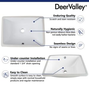 DeerValley DV-1U306 Ursa Undermount Bathroom Sink, 18'' x 13'' Vessel Sinks Rectangle Undermount Sink Modern White Ceramic Vanity Vessel Sink with Overflow