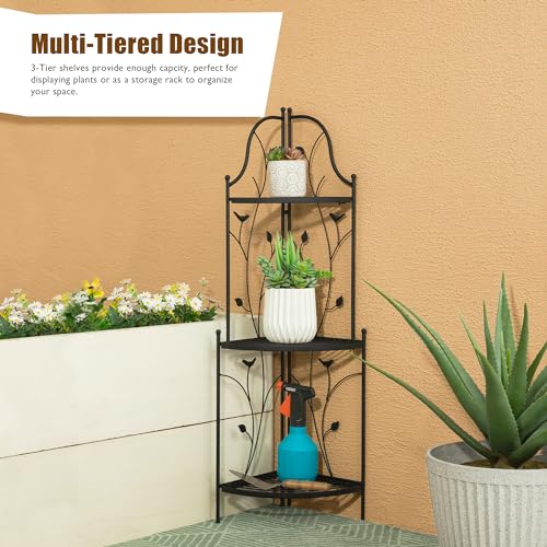 glitzhome 3-Tier Planter Shelf, Organizer Rack flower pot plant stand Indoor Outdoor Metal Planter for Garden and Home, Matte Black