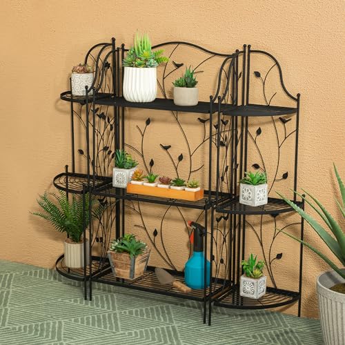 glitzhome 3-Tier Planter Shelf, Organizer Rack flower pot plant stand Indoor Outdoor Metal Planter for Garden and Home, Matte Black