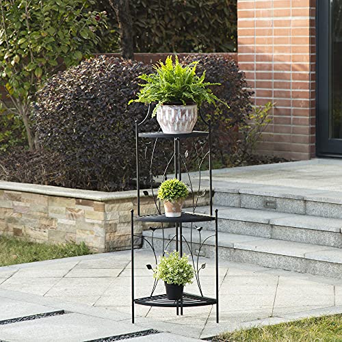 glitzhome 3-Tier Planter Shelf, Organizer Rack flower pot plant stand Indoor Outdoor Metal Planter for Garden and Home, Matte Black