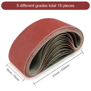 Novernat Sanding Belts 3 x 21 Inch Aluminum Oxide 15 pack Belt Sander 3 Each of 80/120/150/240/400 Assorted Grits for Sanding Wood Metal and Paint