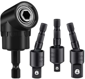 pommes 4-piece power drill sockets adapter sets,360degreerotatable 1/4inch 3/8inch 1/2inch impact grade driver extension set bit+105 degree right angle screwdriver hex bit socket 4 black