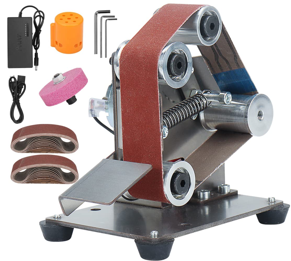 Electric Belt-Sander Polishing-Grinding Sharpener Adjustable - 13 x 1.2inch DIY Power Sanding Machine Mini Bench Belt Grinder, 7-Speed Multifunctional for Knife Making Woodworking Metal Cutter Edges