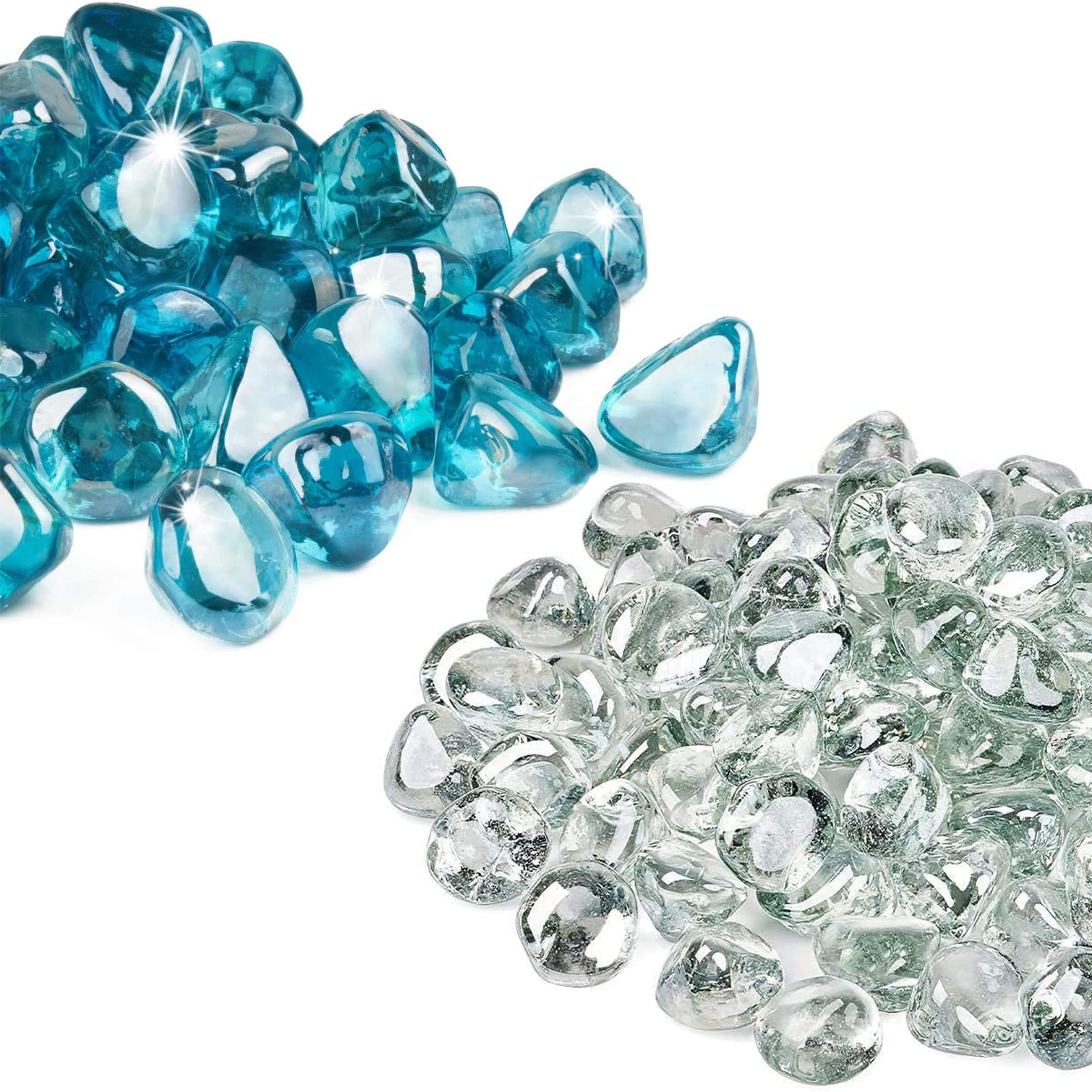 GASPRO 20lb Blue Fire Glass Beads and 10lbs Clear Fire Glass Diamonds, High Luster, 1 Inch