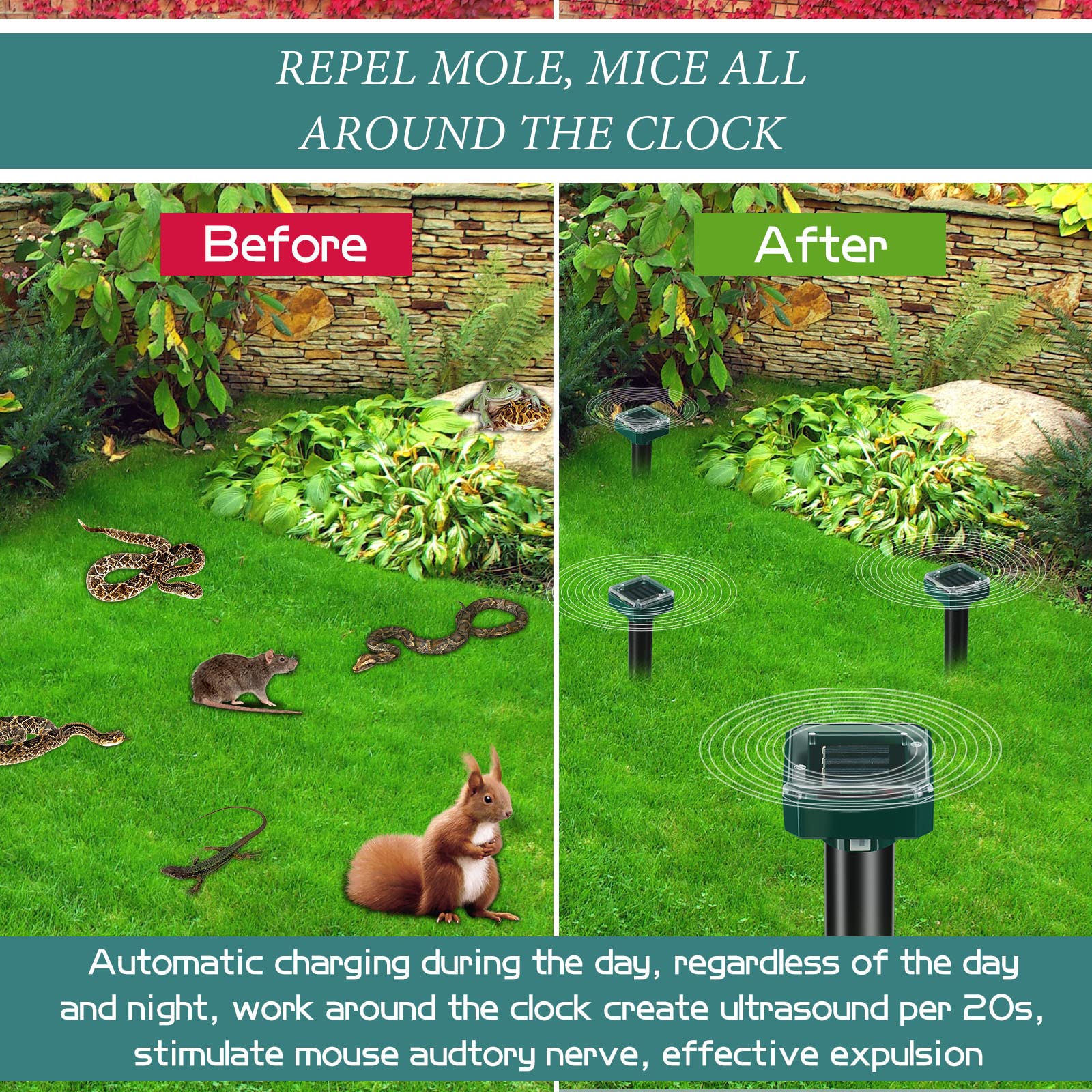 Solar Mole Repellent Ultrasonic Mole Repellent Solar Powered Outdoor Powered Sound Wave Deterrent for Lawn Garden for Snakes Moles Gophers Groundhogs Voles and Other Burrowing Mice(6 Pieces,Small)