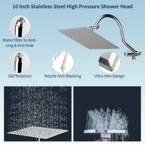 Hibbent All Metal Shower Head, 10'' High Pressure Rainfall Shower Head/Handheld Showerhead Combo with 12'' Adjustable Curved Shower Extension Arm, 7-Spray, 71'' Shower Hose, Showerhead Holder, Chrome