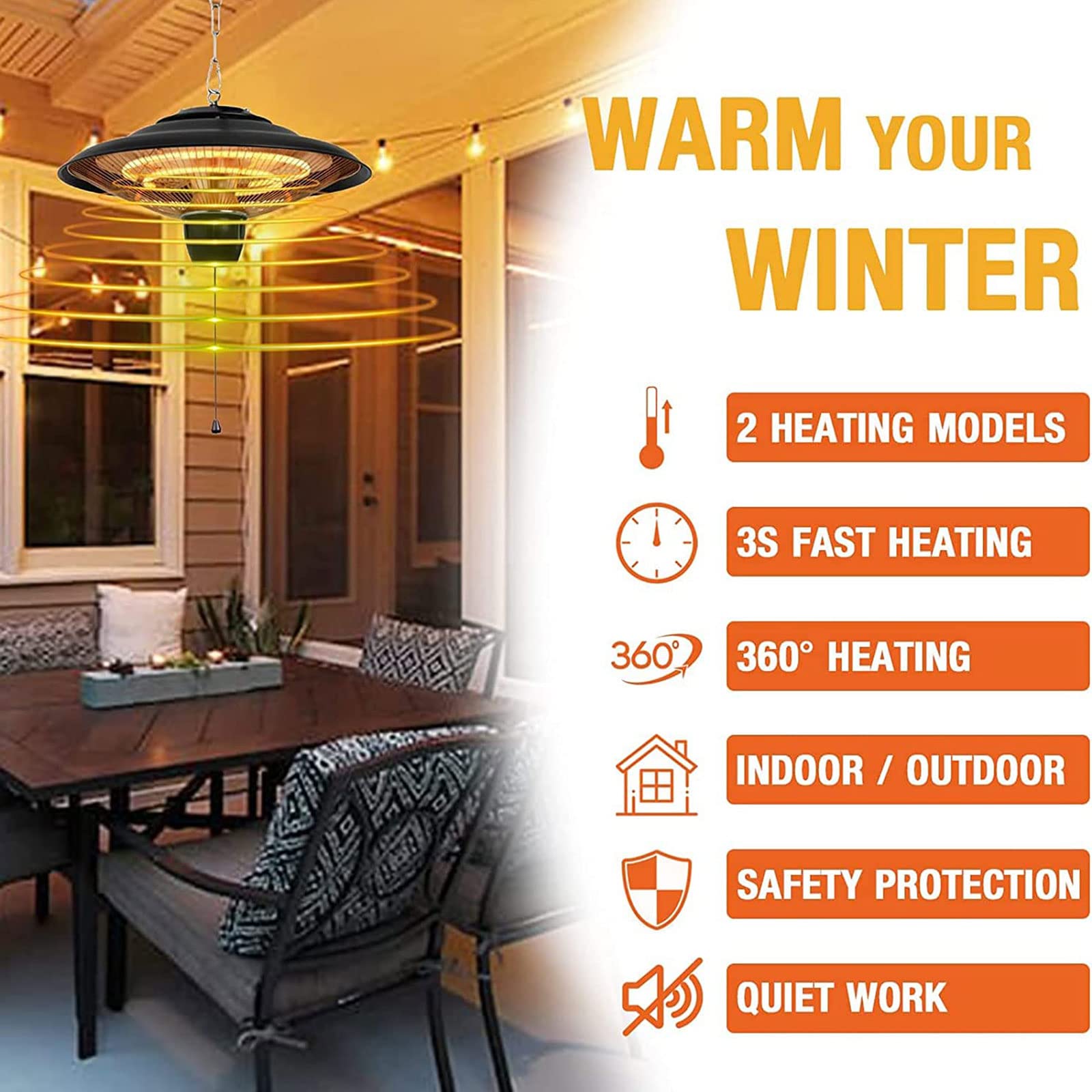 1500W Hanging Infrared Heater, Outdoor Patio Ceiling Electric Heaters, Upgraded Garage Heater with 2 Adjustable Modes 600W/1500W, Over-Heat Protection,IP55 Waterproof