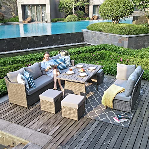 Patiorama 7 Pieces Patio Furniture Set, All Weather Grey Wicker Rattan Conversation Set, Outdoor Dining Sectional Sofa Set, w/Table Chair Ottomans, Plastic Wood Top for Garden Pool Deck-Grey Cushion