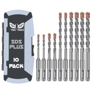 owl tools sds plus rotary hammer drill bit set (10 pack - 1/8", 1/4", 5/16", 3/8", and 1/2") carbide tipped - perfect for drilling through concrete, cement, stone, brick, ceramic pots, & more!