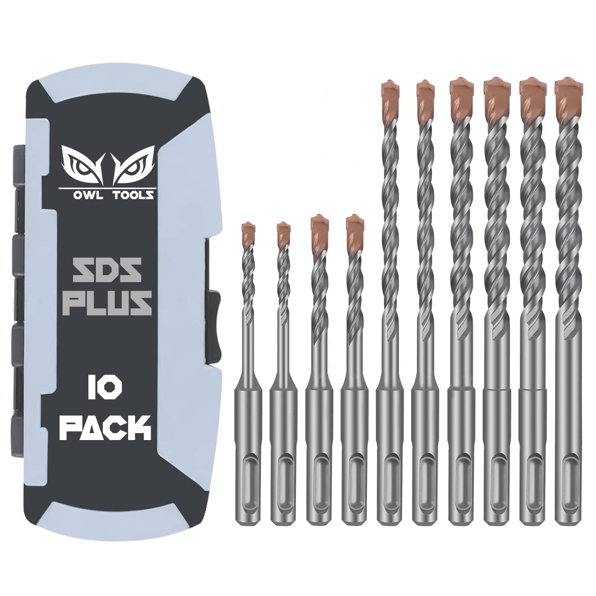 Owl Tools SDS Plus Rotary Hammer Drill Bit Set (10 Pack - 1/8", 1/4", 5/16", 3/8", and 1/2") Carbide Tipped - Perfect for Drilling Through Concrete, Cement, Stone, Brick, Ceramic Pots, & More!