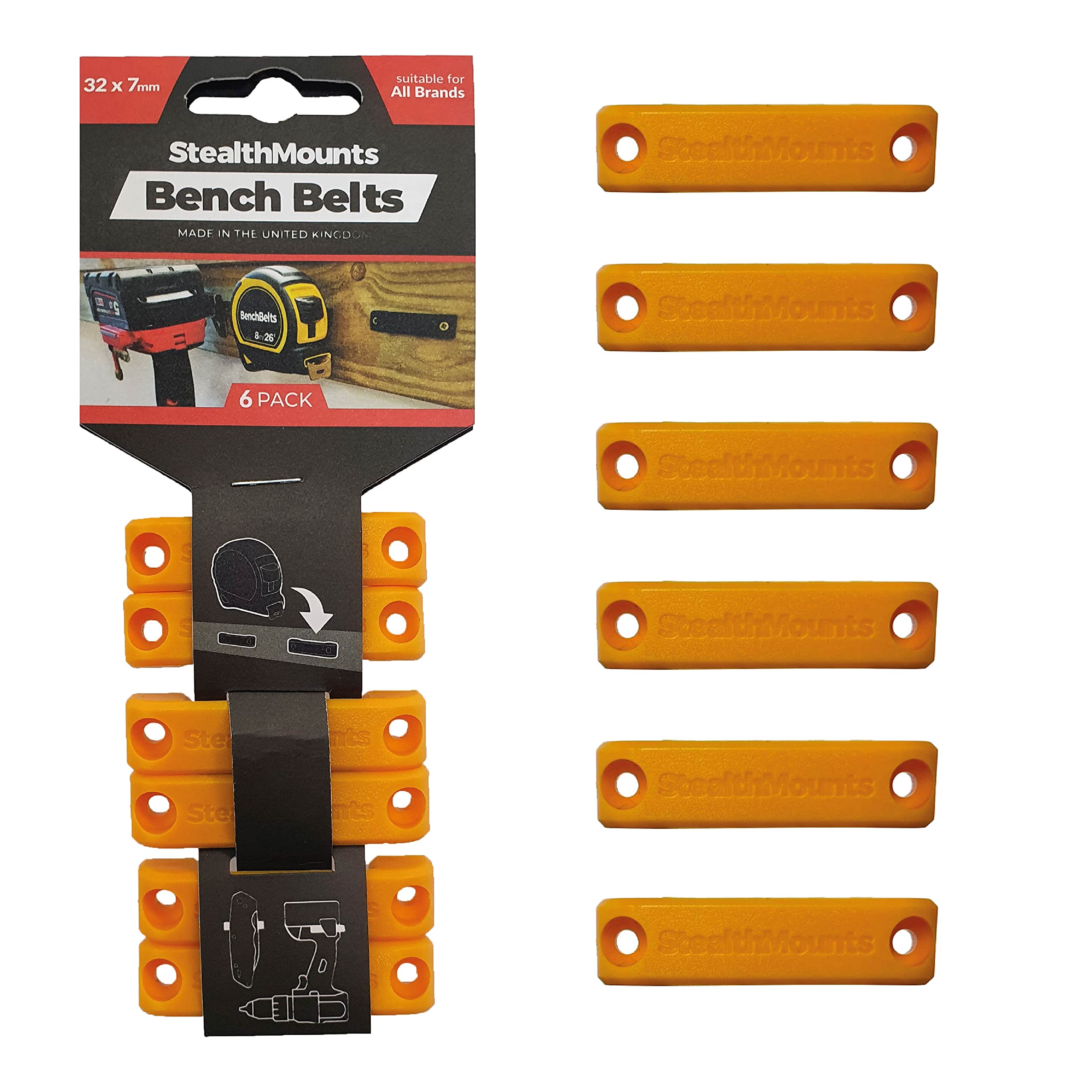 StealthMounts Bench Belt - Universal Tool Holder | Tool Holster Set - 6 Pack | Perfect Tool Hanger Storage Dock for Power Tools, Tape Measures and Belt Clips (Yellow)