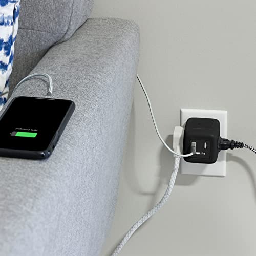 Philips 3-Outlet Extender with 2-USB Port Surge Protector, Charging Station, 245 Joules, Grounded Wall Tap, 3-Prong, 2.4 AMP/12 Watt, Space Saving Design, Black, SPP3202BC/37