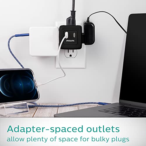 Philips 3-Outlet Extender with 2-USB Port Surge Protector, Charging Station, 245 Joules, Grounded Wall Tap, 3-Prong, 2.4 AMP/12 Watt, Space Saving Design, Black, SPP3202BC/37