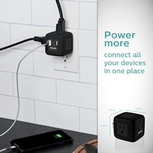 Philips 3-Outlet Extender with 2-USB Port Surge Protector, Charging Station, 245 Joules, Grounded Wall Tap, 3-Prong, 2.4 AMP/12 Watt, Space Saving Design, Black, SPP3202BC/37