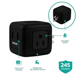 Philips 3-Outlet Extender with 2-USB Port Surge Protector, Charging Station, 245 Joules, Grounded Wall Tap, 3-Prong, 2.4 AMP/12 Watt, Space Saving Design, Black, SPP3202BC/37