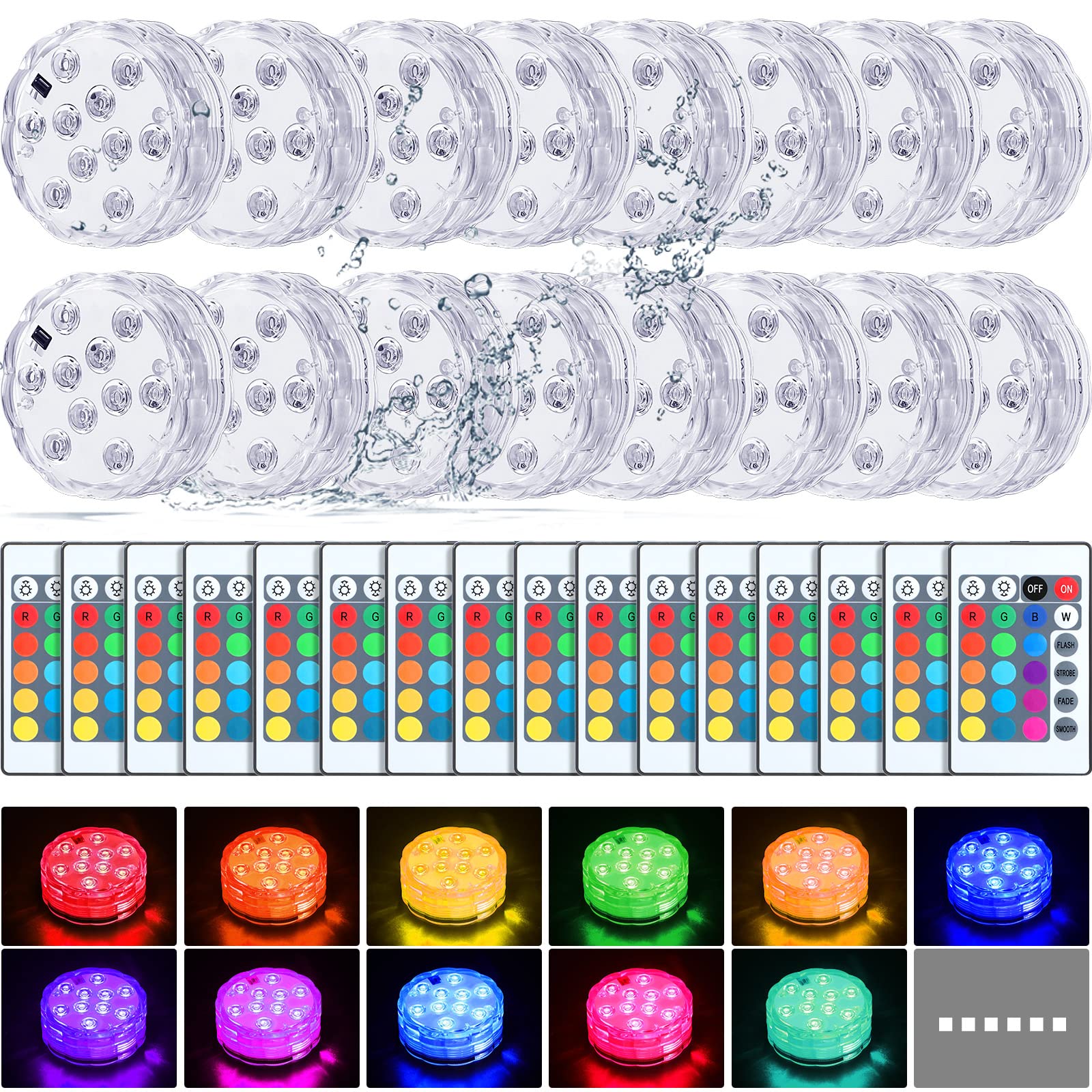 Hortsun 16 Pack Submersible LED Lights with Remote Waterproof Pool Underwater LED Light Battery Operated Bathtub Light 16 Color Changing Lamp for Tub Pool Pond Vase Aquarium Decoration