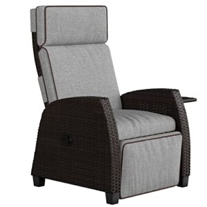grand patio indoor & outdoor moor recliner pe wicker with flip table push back reclining lounge chair, cool grey