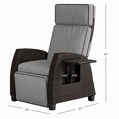 Grand patio Indoor & Outdoor Moor Recliner PE Wicker with Flip Table Push Back Reclining Lounge Chair, Cool Grey