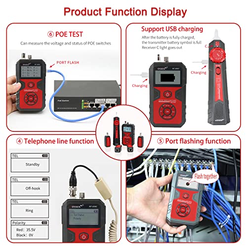 NOYAFA Network Cable Tester with Mapping and VFL Function, RJ11 RJ45 Ethernet Cable Tester POE Tester Cable Toner, Rechargeable Anti-Interference Network Tester for Telephone LAN Coax Cable